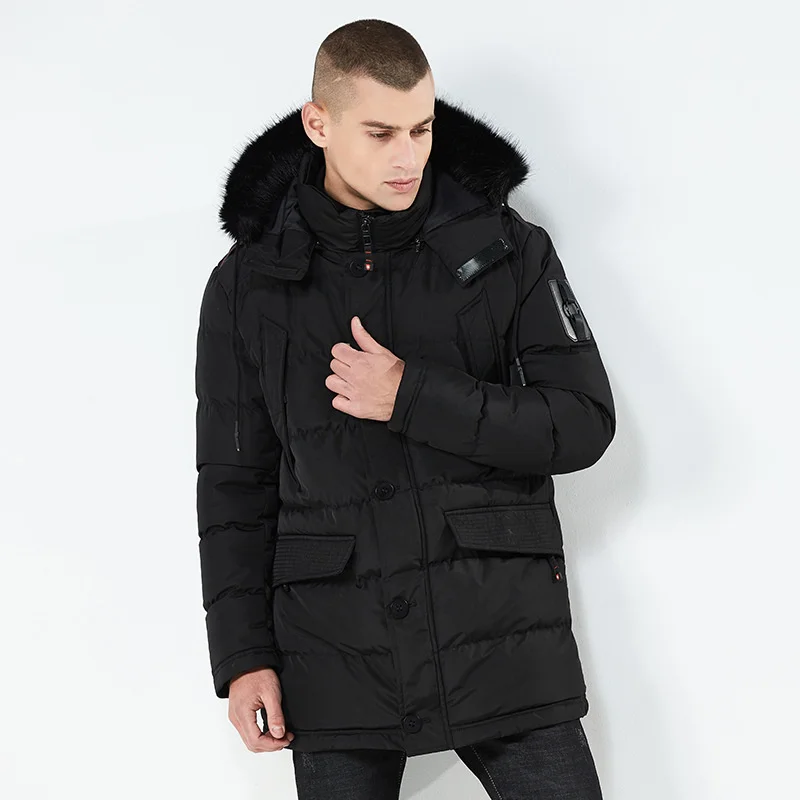 Comprimento médio Parka Homens Gola De Pele Engrossar À Prova De Vento Inverno Quente Solto Moda Casual Com Capuz Casaco Masculino