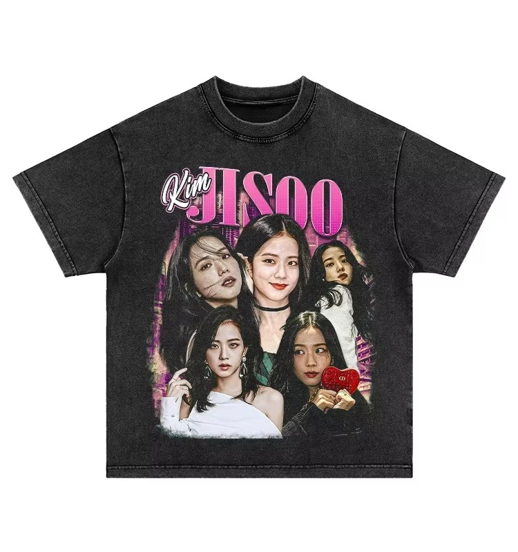 Jisoo القطن غسلها تي شيرت تي شيرت 2025 ملابس عصرية Harajuku للجنسين ملابس عالية الجودة بلايز قطنية لمحبي الهدايا