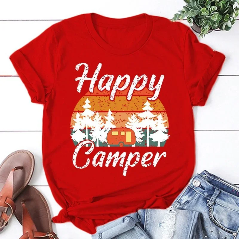 New Happy Camper Print T-Shirt Men Women Fashion Short Sleeve Casual Summer Tops Tees Women Clothes