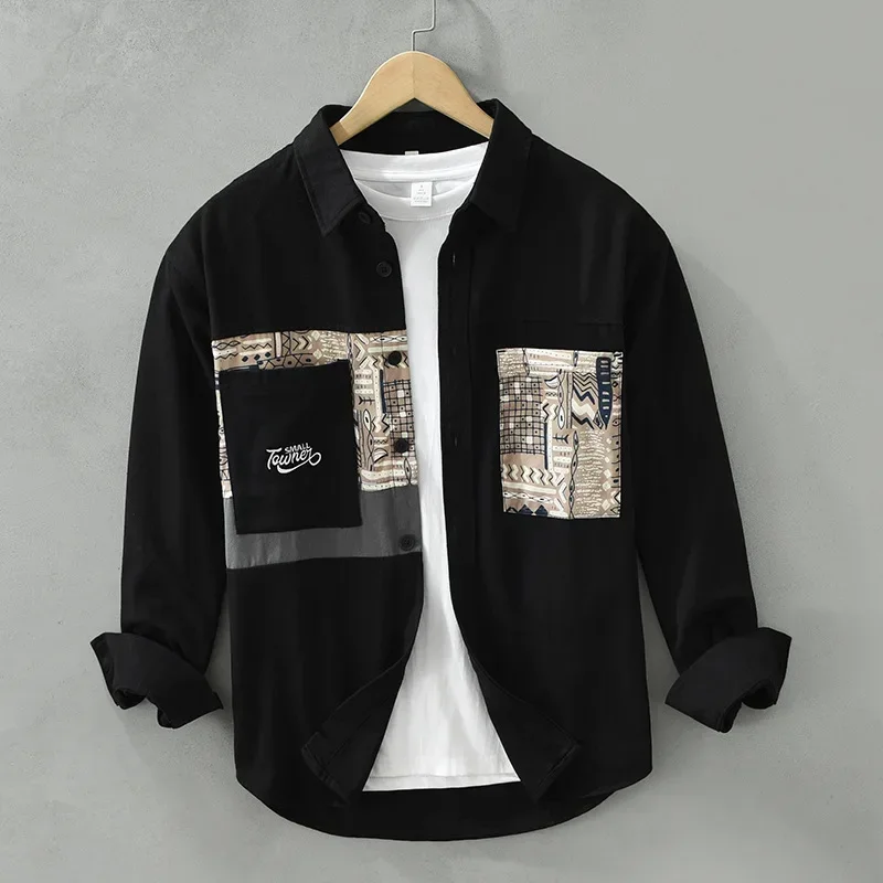 

Весна-лето Новые мужские рубашки с длинным рукавом Уличная мужская рубашка Корейская мода Лоскутная зеленая рубашка с принтом Молодежный топ из 100% хлопка