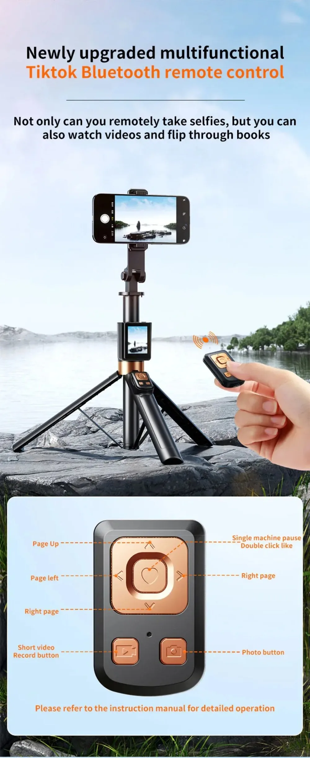 Treppiede portatile estensibile, design leggero, base stabile, bastone per selfie, rotazione a 360°, altezza regolabile, telecomando._voghion.com