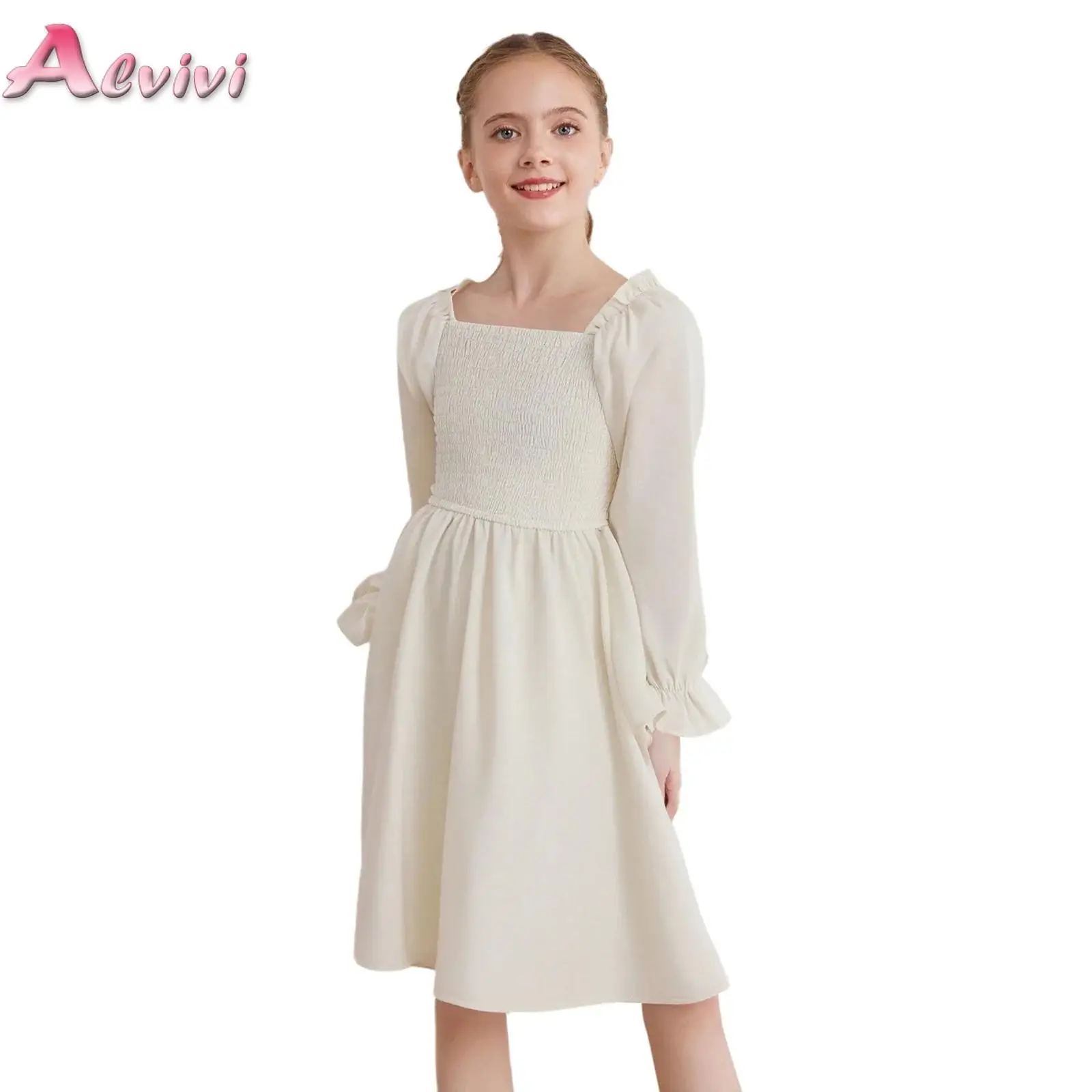 

Fashion Girl Dress Chiffon Square Neck Girls Clothes Elegant Princess Dresses Teenager Plus Size Kids Clothing Children Outfit