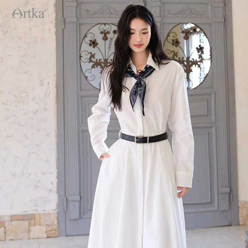 ARTKA 2025 Autumn New Women Dress French White Shirt A-Line Long Dresses Long Sleeve High Waist Dress With Scarf Belt LA82050Q