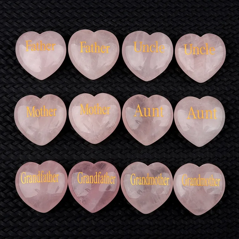 

3cm Rose Quartz Carved Heart Decor Wish Stone with Family Member Inscriptions Healing Crystal Gift for Valentine's Mother's Day