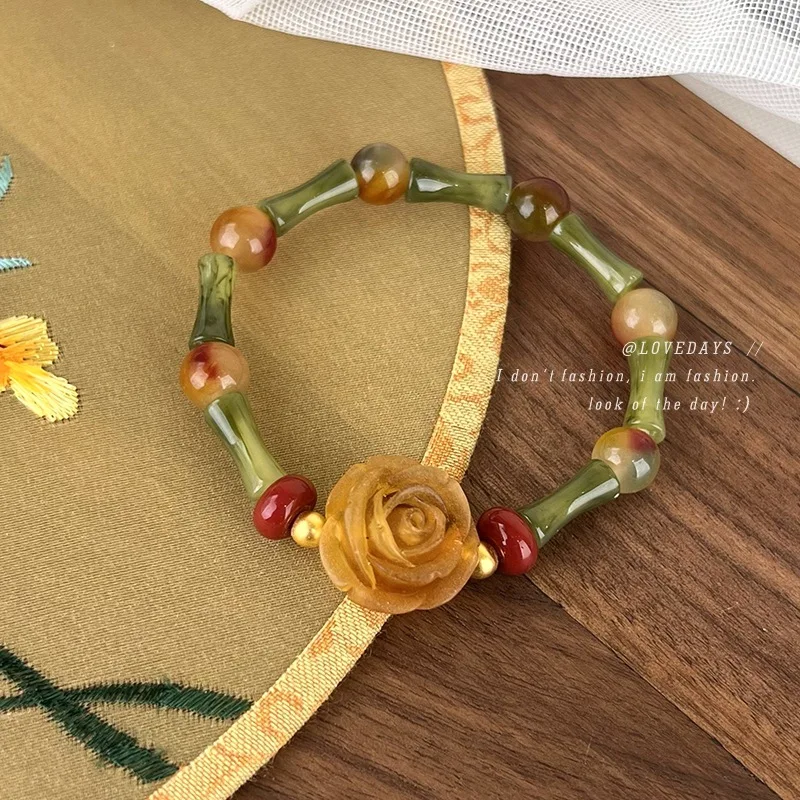 

Chinese Style Flower Bamboo Jewelry Women's Ins Niche Design Antique Retro Elegant Colored Glaze Bracelet High-end Jewelry