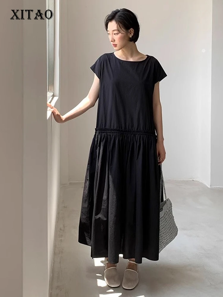 

XITAO Solid Color Drawstring Dress O-neck Simple Temperament Pullover Slimming Loose Summer Woman A-line Casual Dress ZMY1331