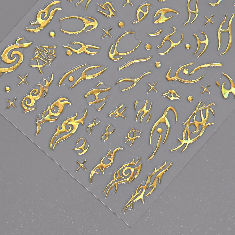 12sheets 3D Laser Gold Fire Flame Heart Lines Nail Art Sticker Self-Adhesive Star Bow Snake Flower mix Nail Decals Nail Supplies