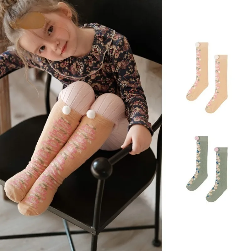 

Вязаные носки до колена для девочек с милым цветочным узором, модные детские носки для маленьких девочек с цветочными детскими аксессуарами A5179