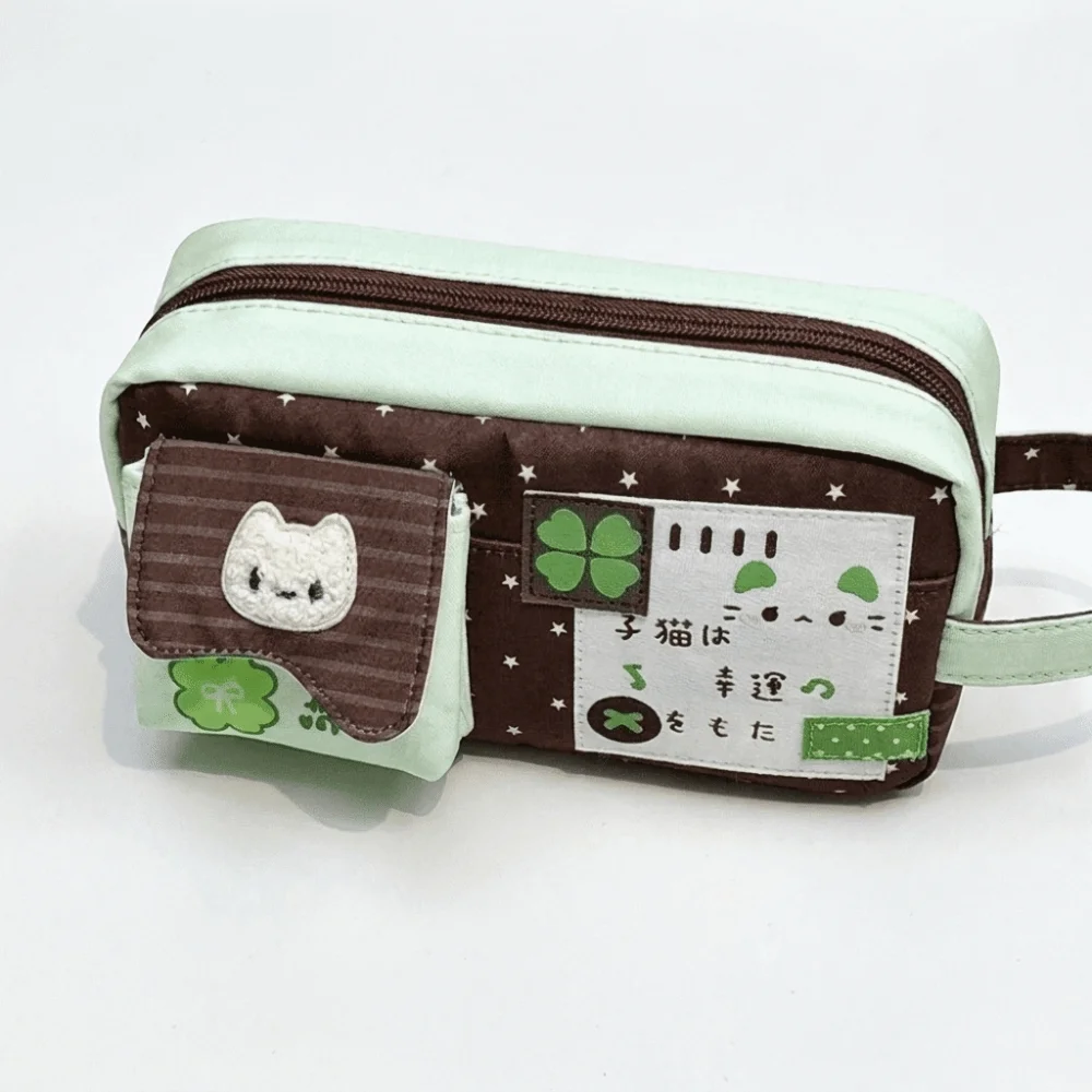 Canvas Cartoon Cat Print Pencil Case Four-Leaf Clover Print Zipper Stationery Bag Large Capacity Multi-Pocket Storage Bag School