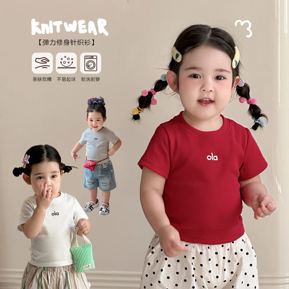 

Baby Girls Summer Short Sleeve Knit Stretch Slim Fit T-Shirt Soft Cotton Casual Fashion Tops Toddler Daily Outdoor Wear 0-5T