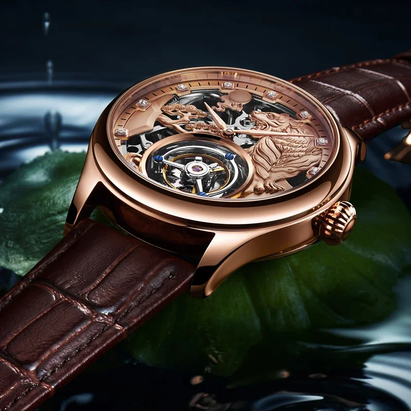 SEAKOSS Zodiac Tiger Super Skeleton Real Tourbillon Watch Men Luxury Sapphire Glass Men's Hand Wind Mechanical Watches Leather - Image 4