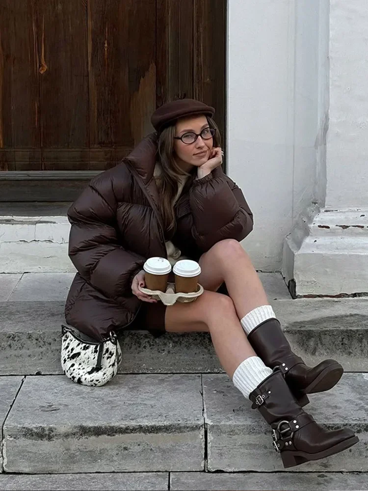 Abrigo de algodón cálido marrón para mujer, chaquetas de gran tamaño con cremallera y cuello levantado a la moda, prendas de vestir exteriores para