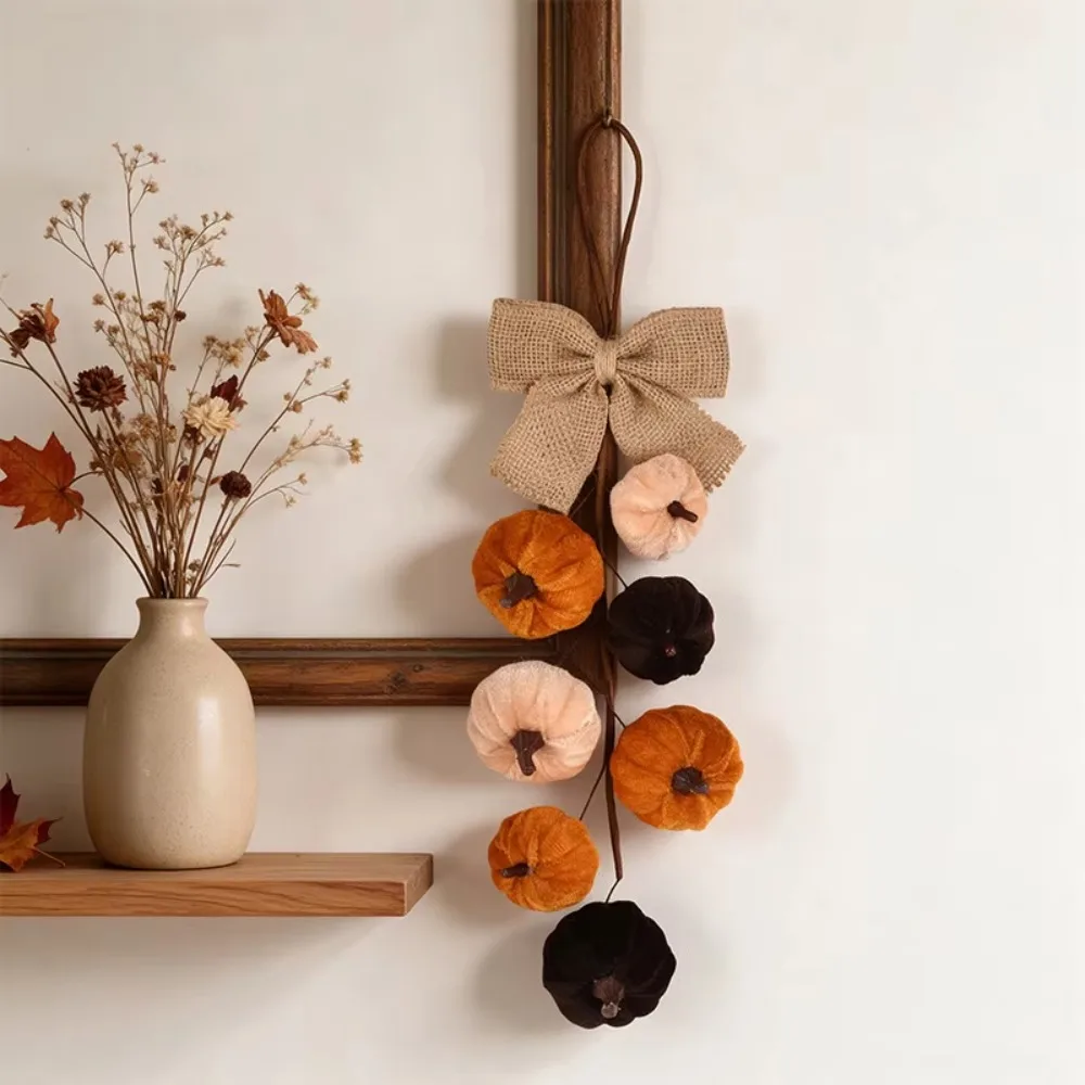 Thanksgiving Pumpkin Hanging Ornament Artificial Velvet Pumpkin Garland Burlap Bow Fall Door Wall Decoration