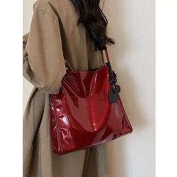 Red Patent Leather Glossy Tote Bag For Ladies Large Capacity Versatile Women's Handbags Student Commuting Shoulder Underarm Bags