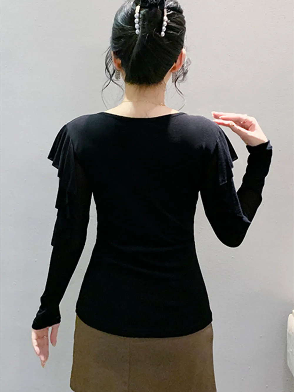 2025 Autumn New Original Heavy Industry Diamond Women's T-Shirt Inlaid Double layer Long Sleeve Ruffles Mesh Tops