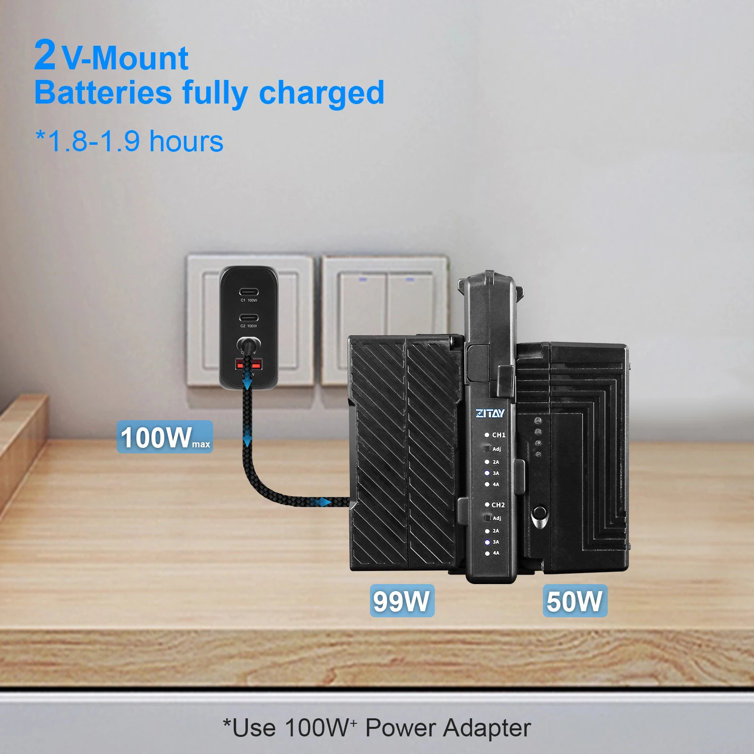 ZITAY Dual Channel V Port Lock Smart Battery Charger mit C Typ 100W Schnellladeadapter
