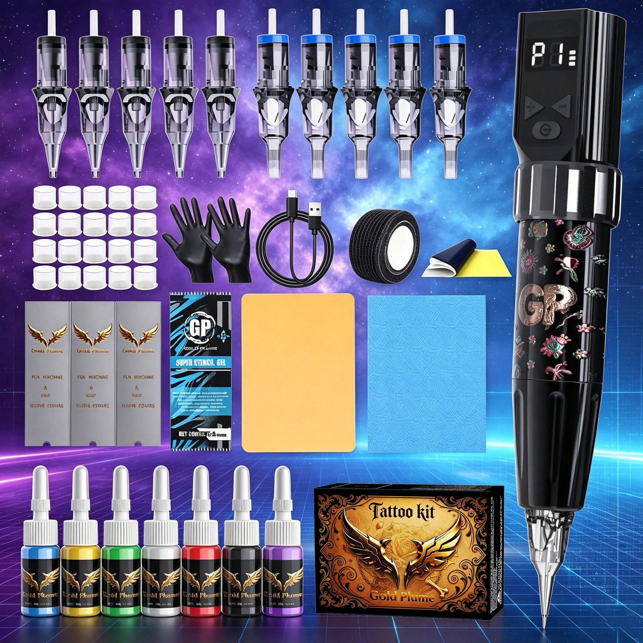 Tattoo Kit, 1100Mah Rechargeable Battery Aluminum Alloy Tattoo Machine, Complete Starter Set with 10 Tattoo Needles, 7 Inks & Practice Skin, Portable Tattoo Tools for Beginners & Professional Tattoo Artists
