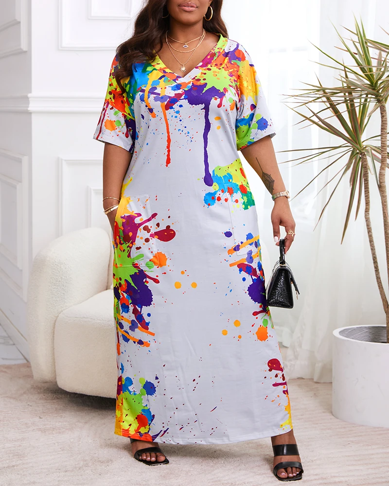 Plus Size Ink Splash Print Pocket Design Casual Dress