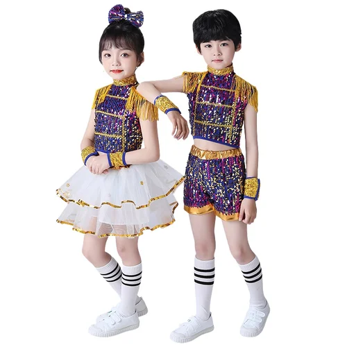 Niñas ShinySequin borla baile de Jazz latino Boyshorts traje para niños Cha-cha Samba puesta en escena vestido con flecos
