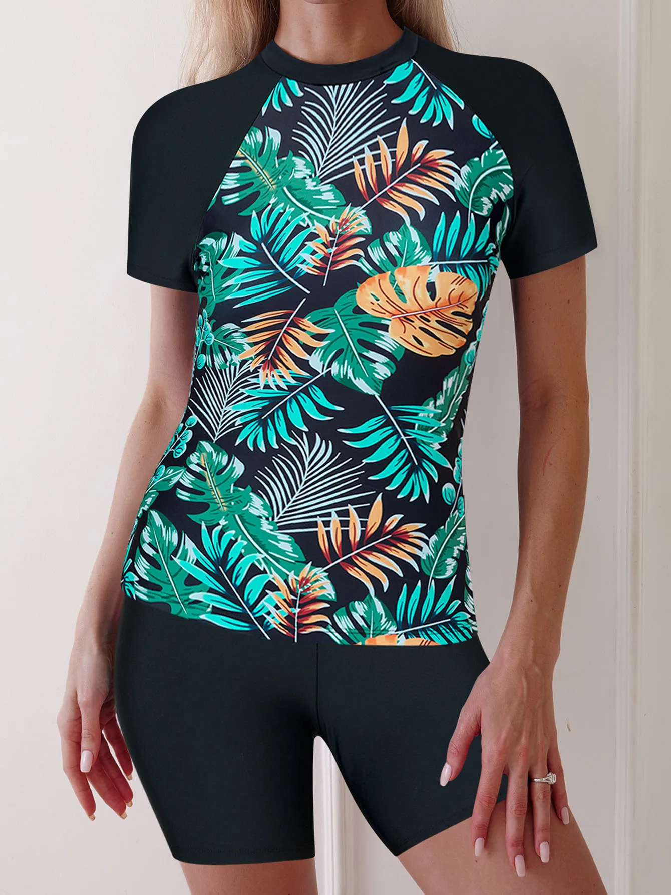 2025 Short Sleeve Surfing Swimsuit Women Drawstring 2-Piece Diving Clothes Print Swimwear Female Beachwear Bathing Swimming Suit image 6
