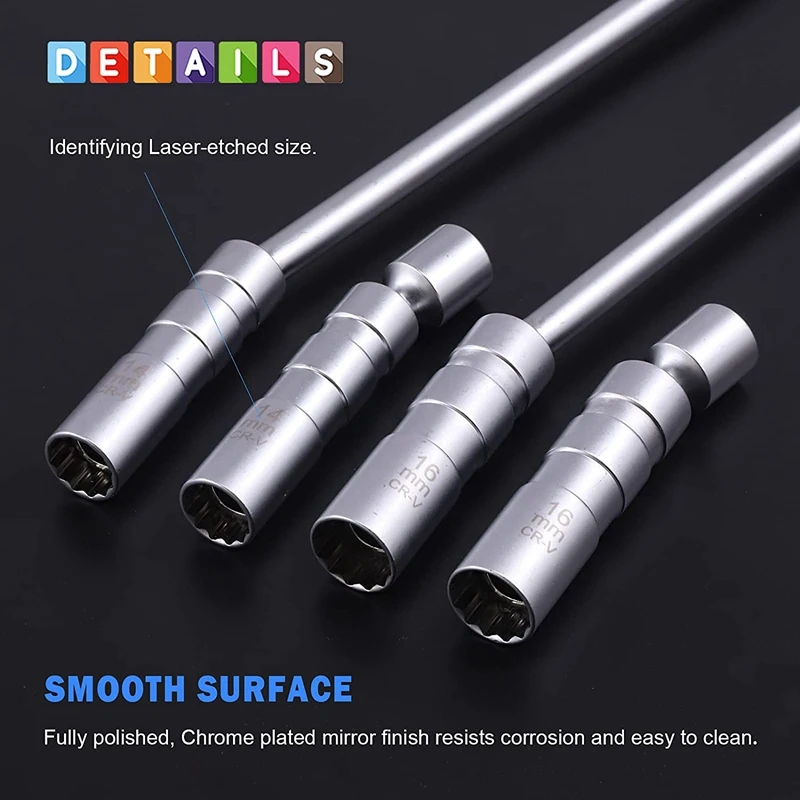 4Pcs 14MM And 16MM Swivel Spark Plug Socket Set, 3/8-Inch Drive 12-Point Thin Wall Magnetic Spark Plug