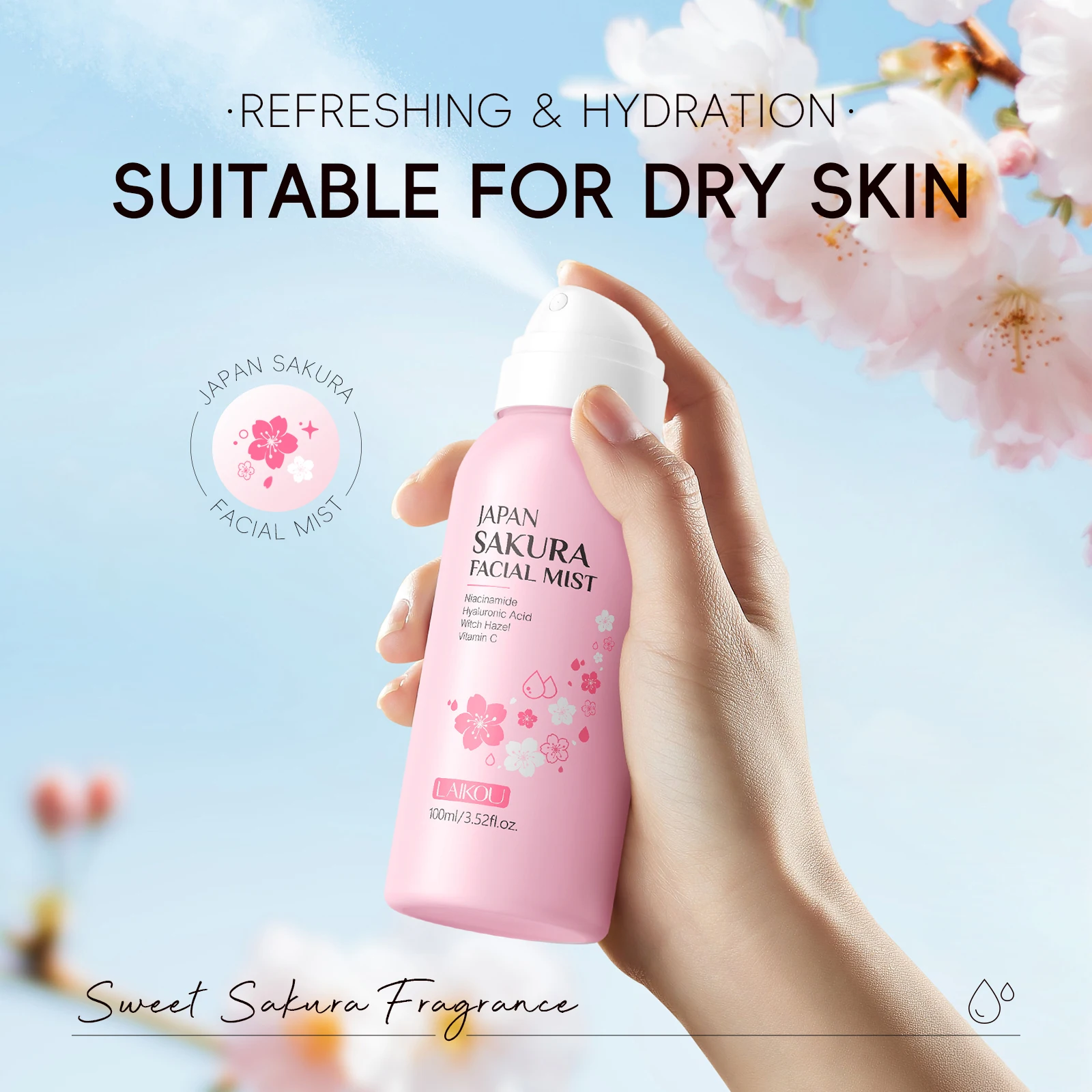 LAIKOU Japan Sakura Skin Care Set - 4Pcs Facial Mist Day Cream Lip Balm Hand Cream with Pink Gift Bag Complete Face Hand & Lip C - view 3