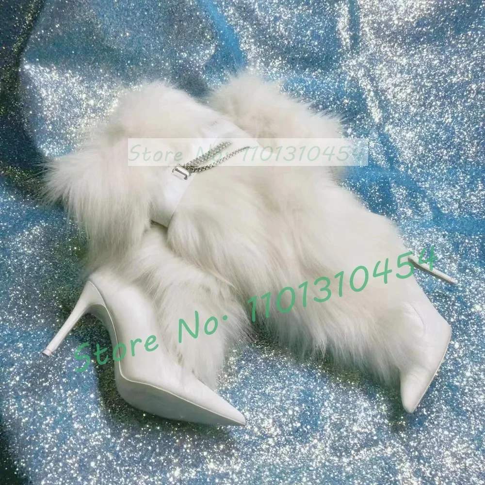 

White Fur Chain Knee High Boots Women Trending Belt Buckle Pointy Toe High Heels Snow Boots Winter Female Newest Fluff Shoes