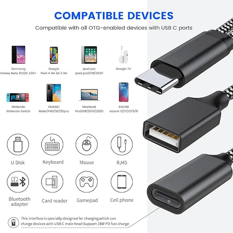 USB C OTG Cable Phone Adapter 2 in 1 Type C to USB A Adapter with PD Charging Port for Samsung Huawei Xiaomi Phone Laptop Tablet