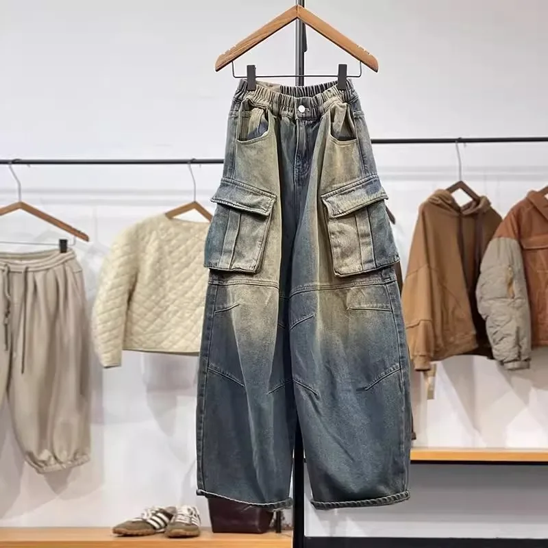 

Large Size Men's Workwear Style Faded Washed Denim Jeans Multiple Pockets Wide Leg Long Trousers Autumn Spring Casual Jeans