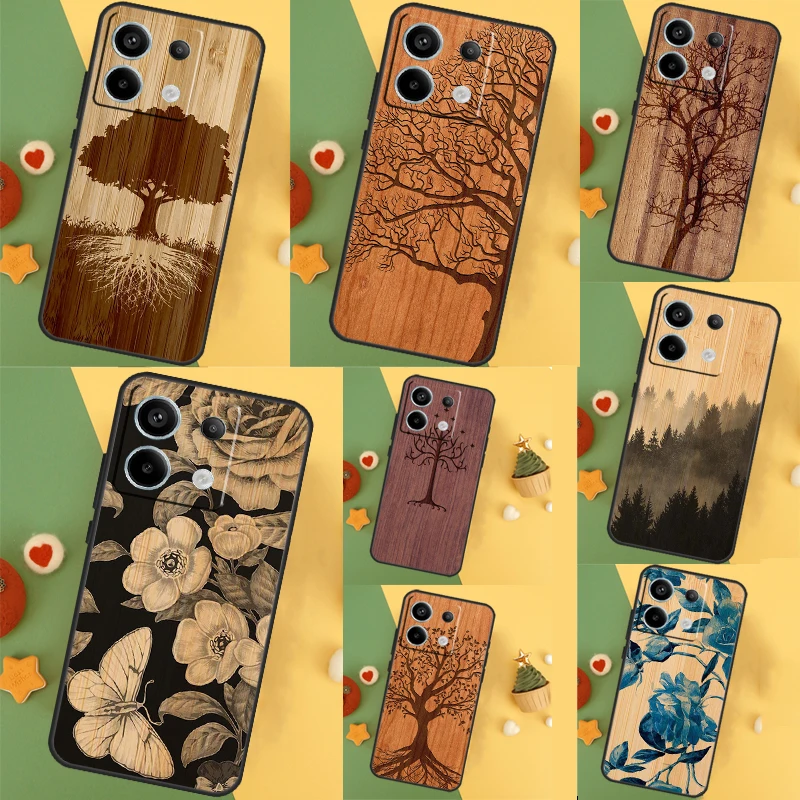  Tree Flower Bamboo Wood Case For Xiaomi Redmi Note 9 10 11 12 13 Pro Plus 12S 11S 10S 9S Remdi 12 13 C 9C 10C Cover