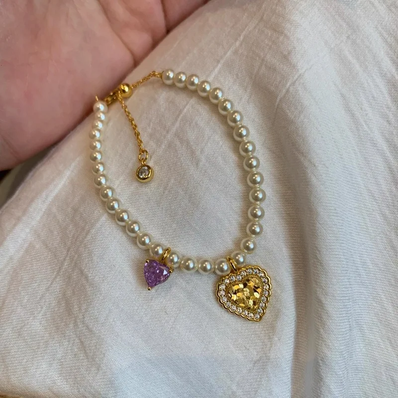 

Высококачественный браслет в стиле ретро с жемчугом и дробленым льдом в форме сердца, инкрустированный бриллиантом, роскошный браслет с фиолетовыми бриллиантами, свадебные украшения