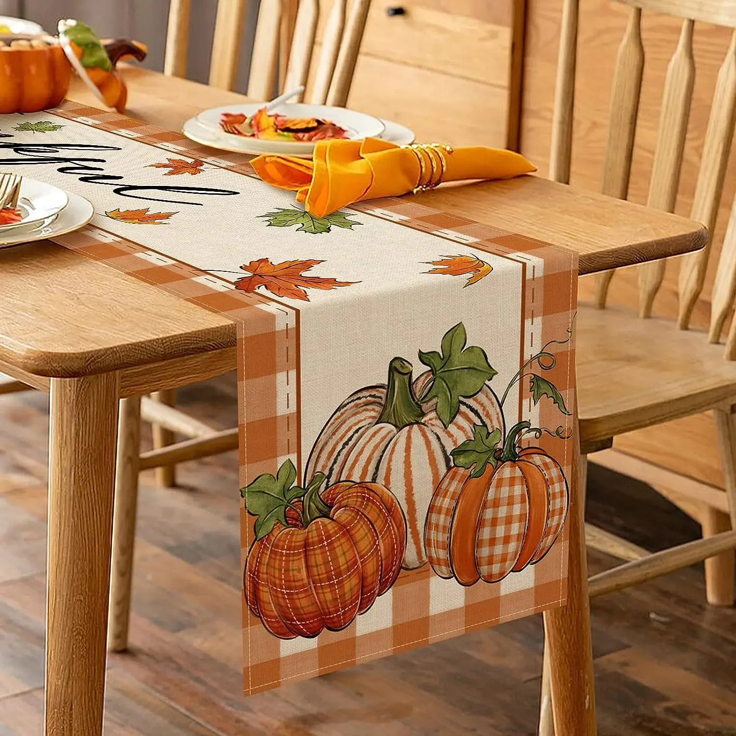 Fall Thanksgiving Pumpkin Maple Leaves Linen Table Runners Kitchen Table Decor Farmhouse Dining Table Runner Holiday Party Decor