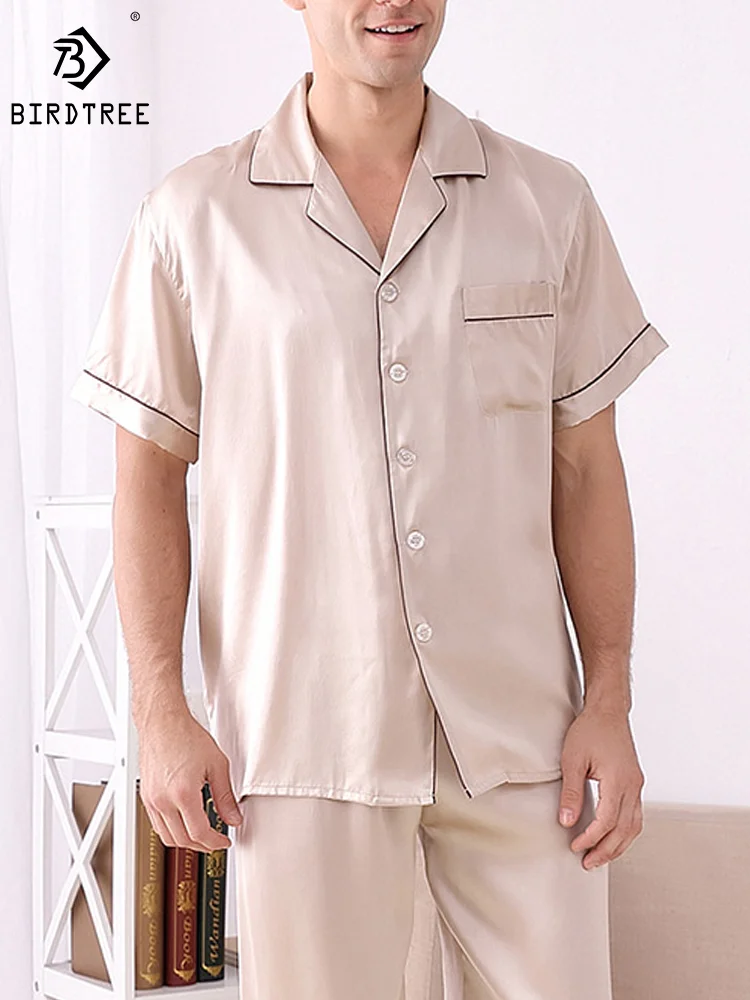 Birdtree 100%Real Mulberry Silk Men Pajamas Set Sleepwear Loungewear Short Sleeve Long Pant Sleepwear Suit Nightgown S38007QM