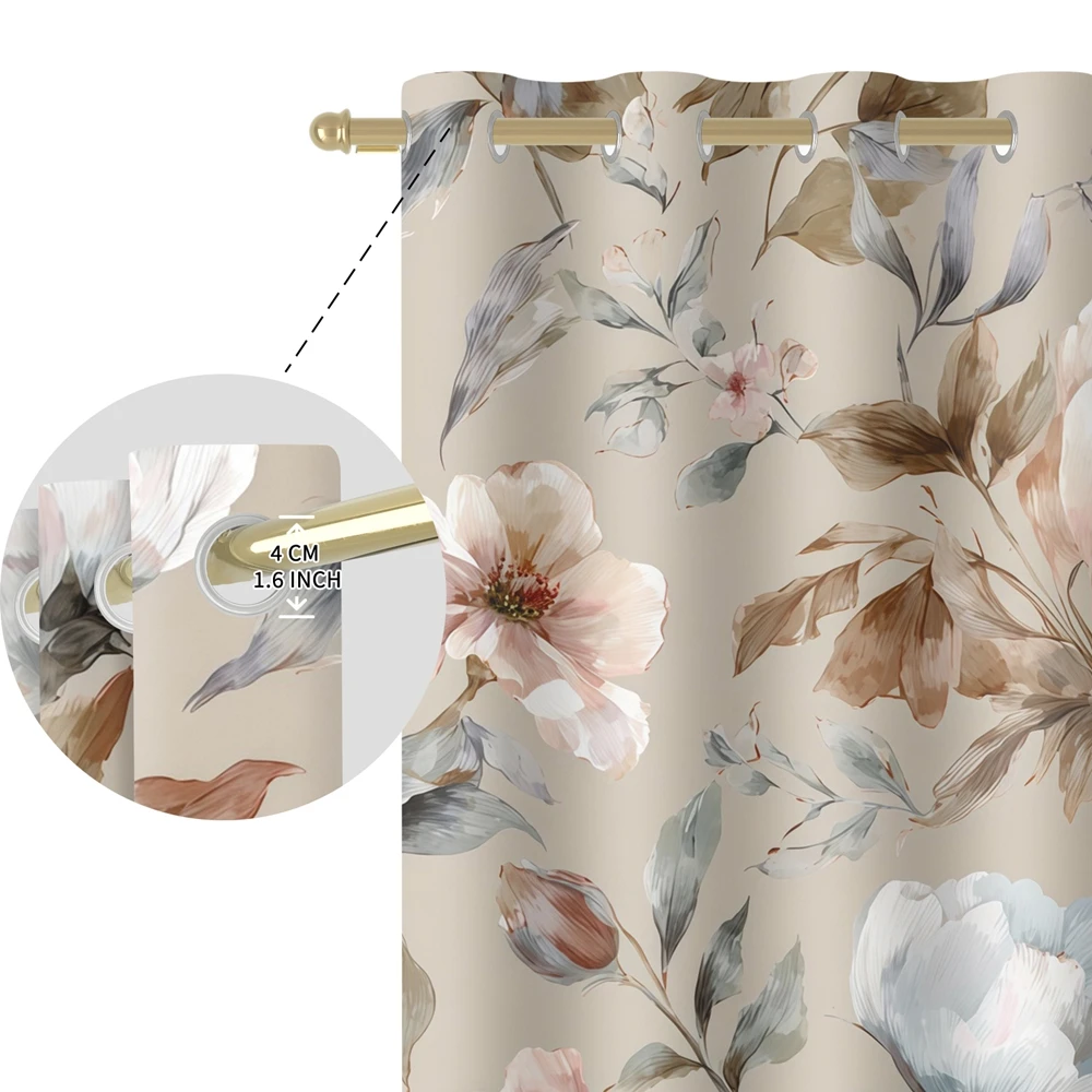 Boho Watercolor Flower Blackout Curtains, Grommet Thermal Insulated Light Blocking Drapes, Decorative Floral Window Curtains