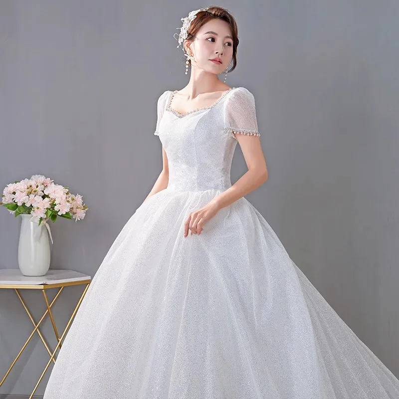 It's yiya abito da sposa bianco Bling Tulle maniche corte colletto quadrato perline principessa lunghezza del pavimento Plus size abito da sposa Trailing