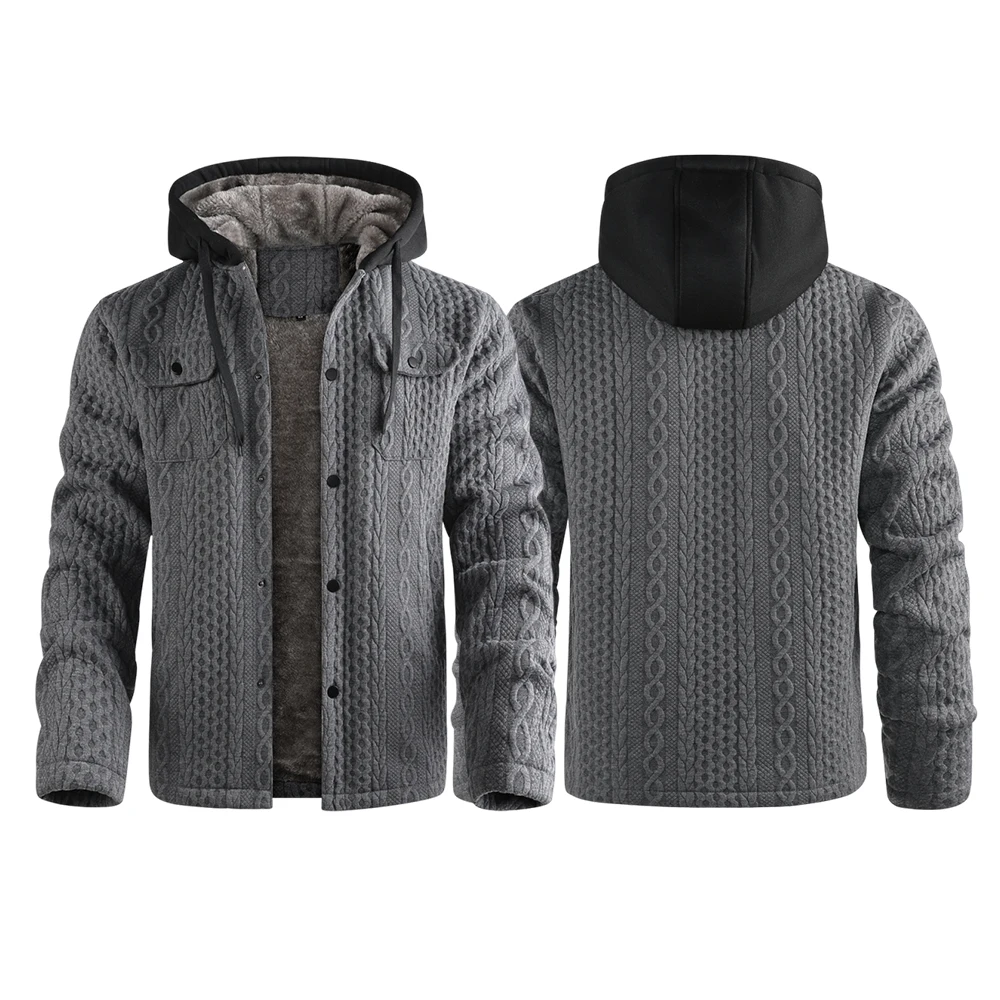 

Зимняя куртка из флиса с капюшоном, утолщенная жаккардовая ткань, модная однотонная толстая теплая спортивная куртка в американском стиле ретро.