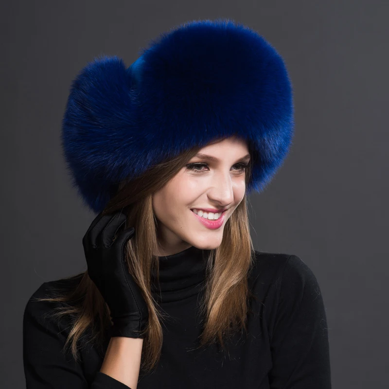 Natural Fox Fur Bomber Hats Winter Warm Women Flurfy Genuine Fox Fur Earfiap Caps Luxury Quality Russian Lady Real Fox Fur Hat