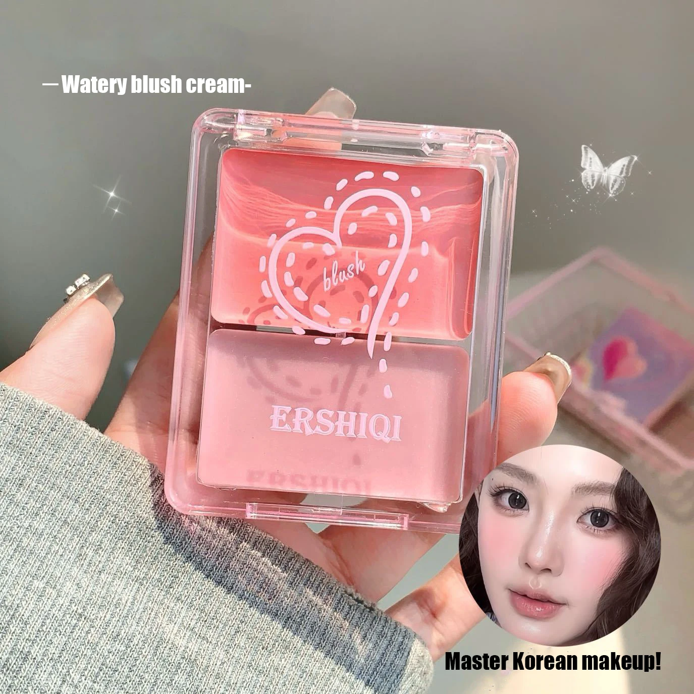 Two-color jelly glow blush, milk peach pink apricot red gem rouge Korean makeup, cream texture, low saturation brightening