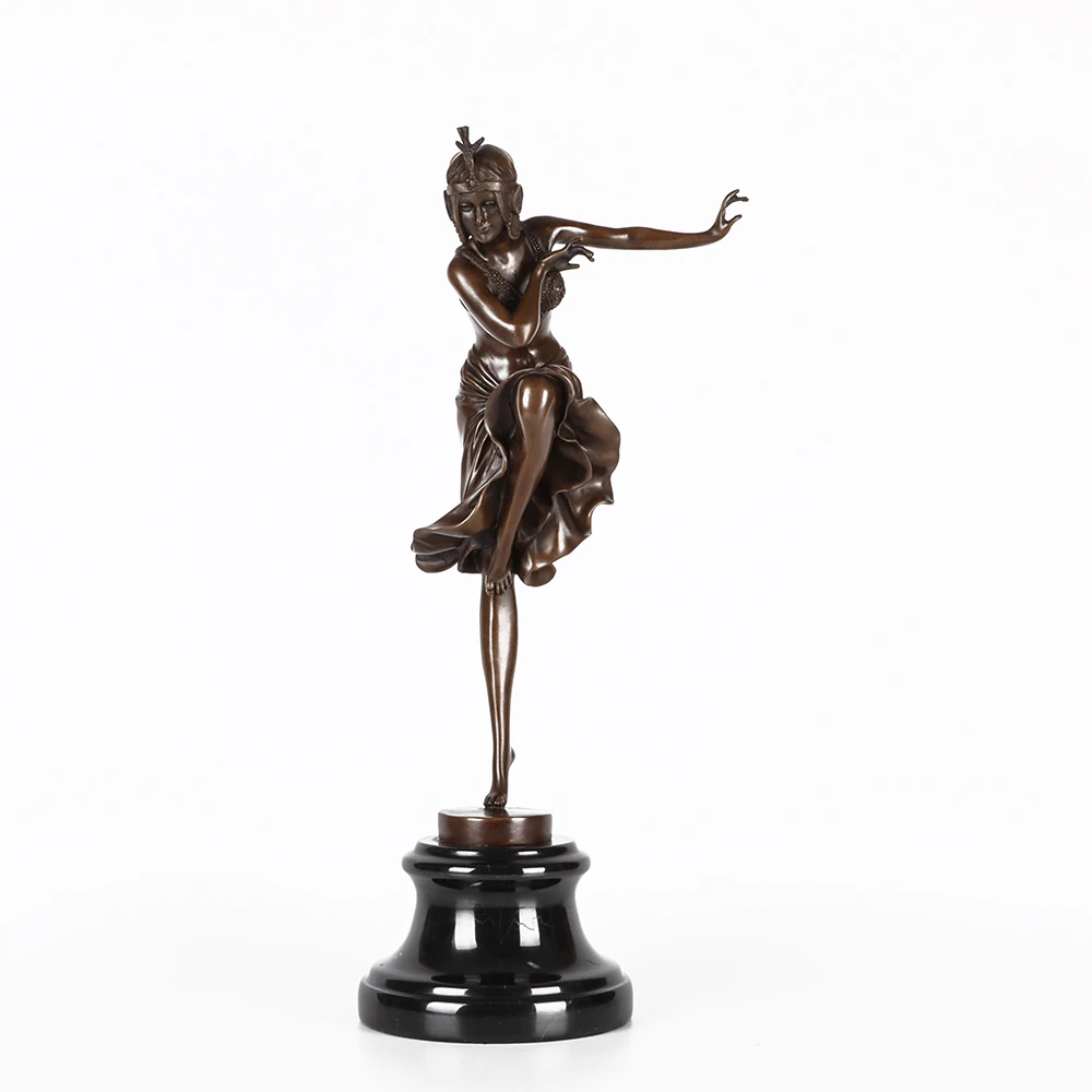 Girl in Dress Dance Bronze Sculpture Female Modern Dancer Statue Vintage Art Figurine Living Room Decor