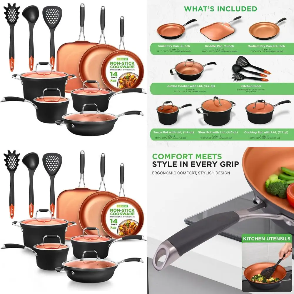 

Luxury 14-Piece Copper Cookware Set: Nonstick, Induction-Ready, PFOA-Free with Pots, Pans, Jumbo Cooker, Griddle, Utensils
