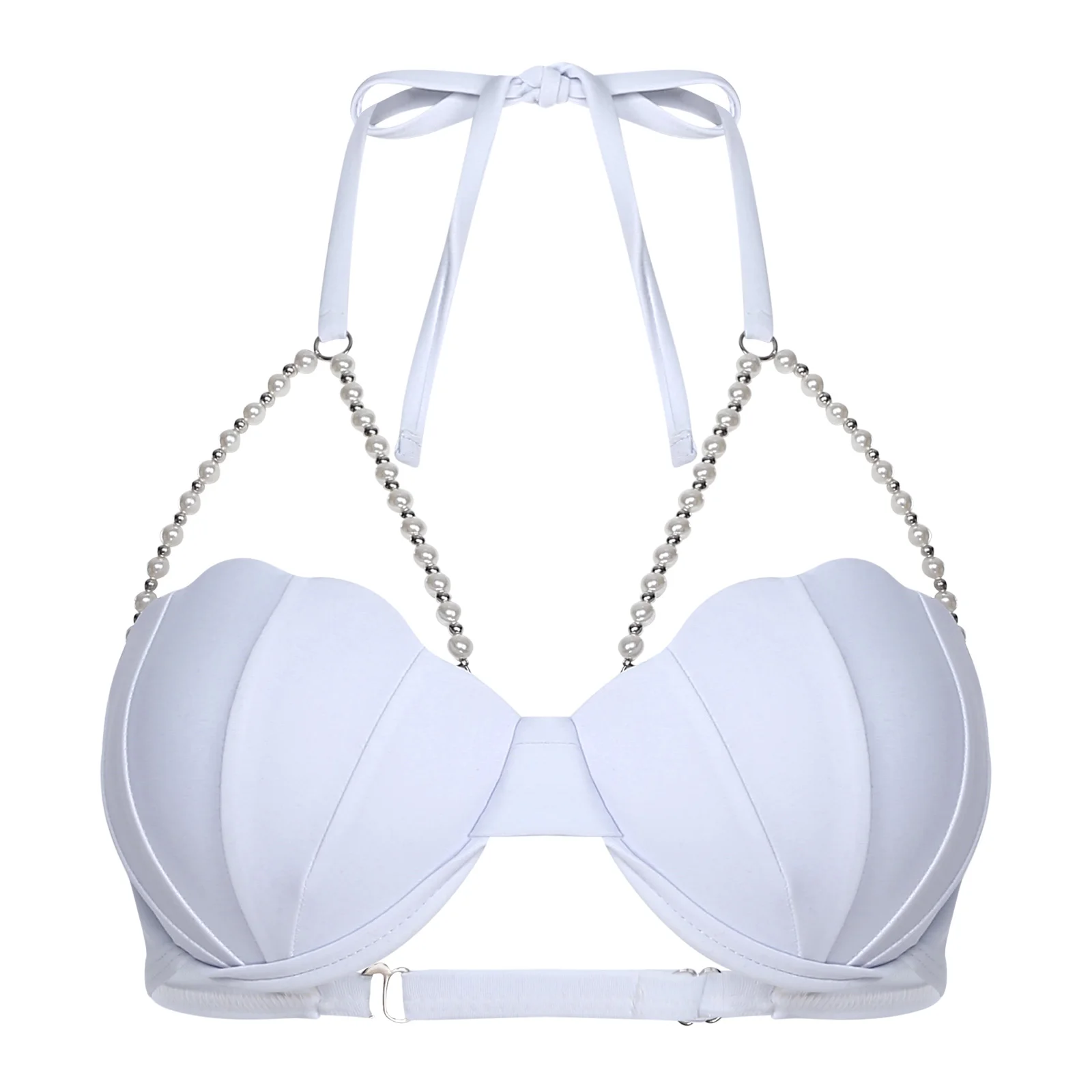

New Womens Sexy Mermaid Bikini Top Halter Neck Pearl Chain Glitter Shell Shape Slight Padded Bra for Beach Pool Party Swimwear