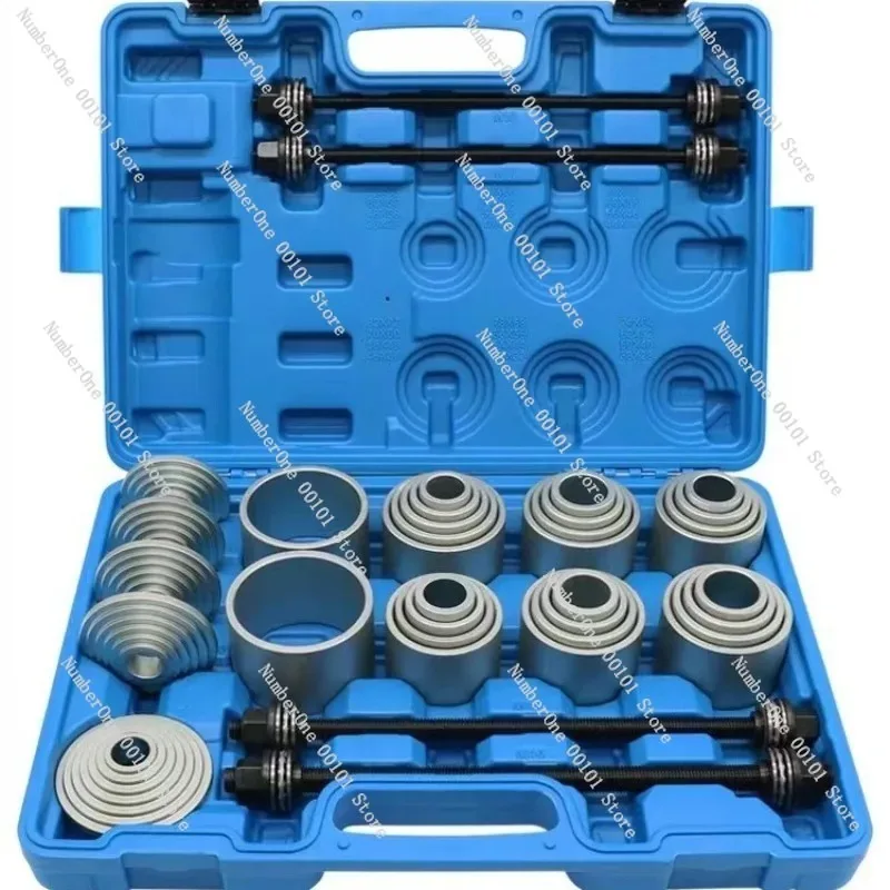 37-piece set of universal bushing replacement tools for lower control arm disassembly and assembly
