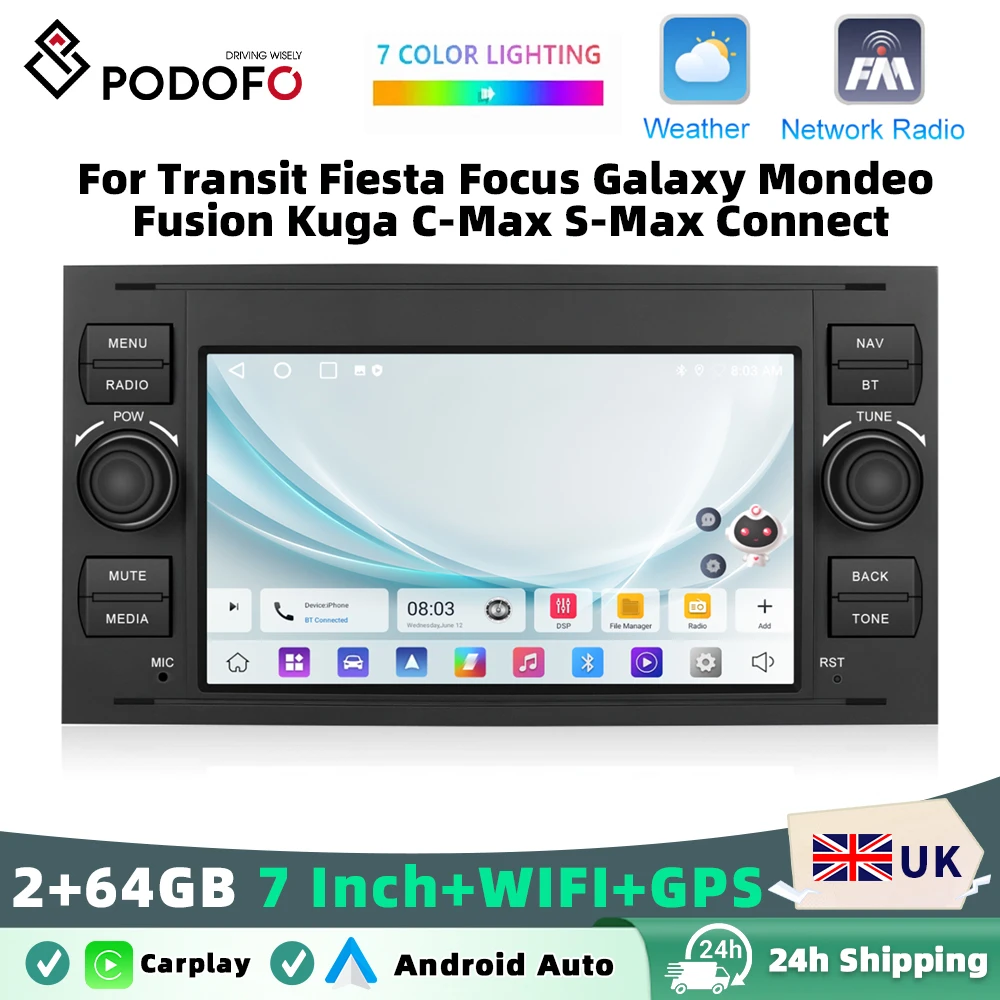 Podofo Carplay Android Auto Car Radio Mirror Link Car Video Player 7'' For Transit Fiesta Focus Galaxy Mondeo Fusion Kuga