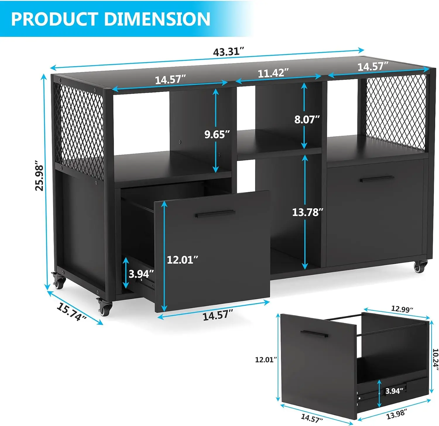 2 Drawer Wood File Cabinets, Modern Mobile Lateral Filing Cabinet for Letter/ A4 Size, Printer Stand with Open Storage Shelves