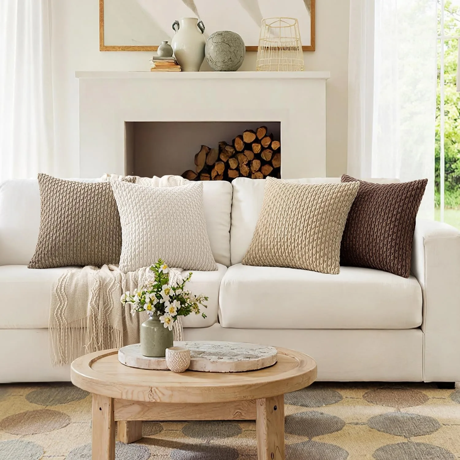 Khaki 40x40CM 45x45CM Corduroy Throw Pillow Covers Soft Couch Decorative Striped Cushion Covers Pillowcases Farmhouse Accent