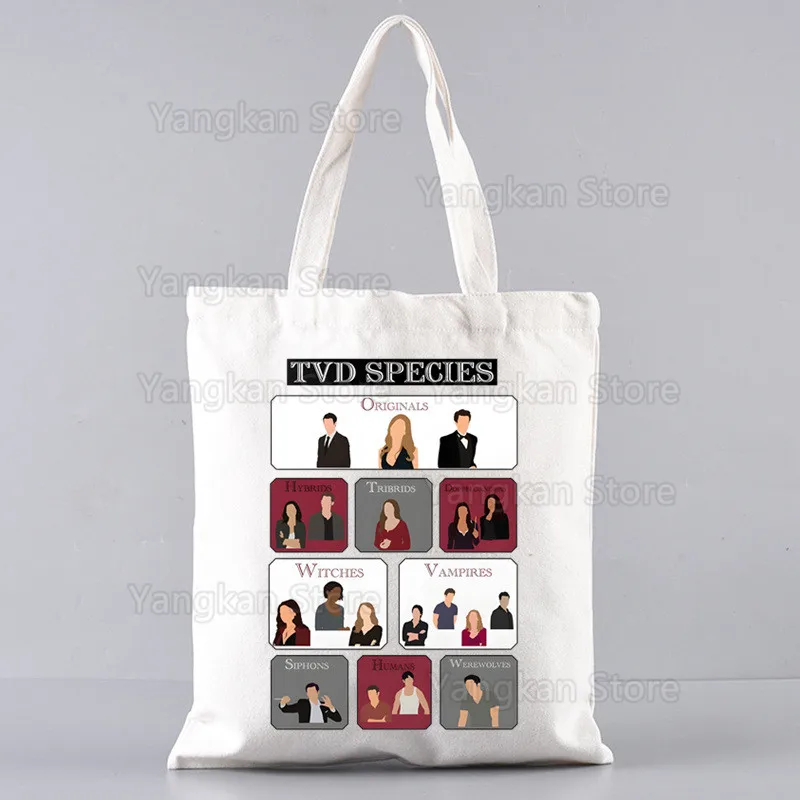 Sac à provisions en toile Damon Salvatore pour femme, The Vampire Diaries, fourre-tout, cuillère à soupe Cartoon, Shopper, Chronfurniture, Vampiricas Initiated Bags