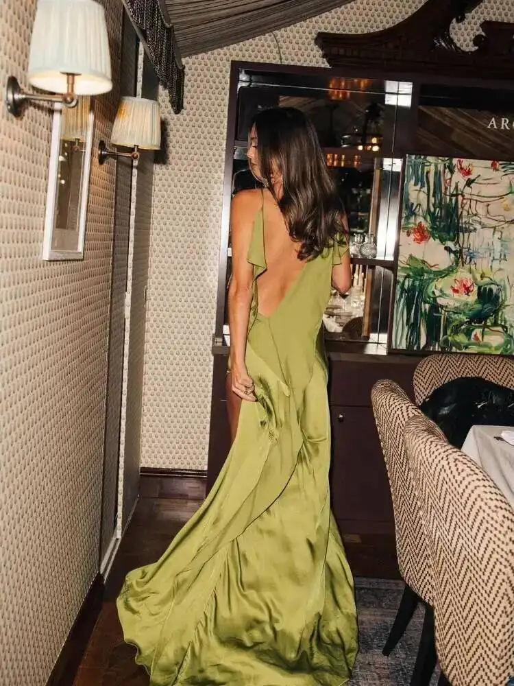 Elegant Green Satin Ruffles Sling Long Dress Women Sexy Backless Sleeveless Split Slim Dresses Lady 2025 Party Club Vestidos 1I8