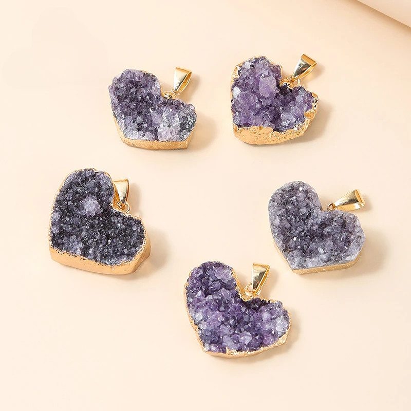 10pcs Natural Amethyst Cluster Stone Pendants Raw Ore Purple Crystal Heart Charms Jewelry Making Gem Wholesale Supplier