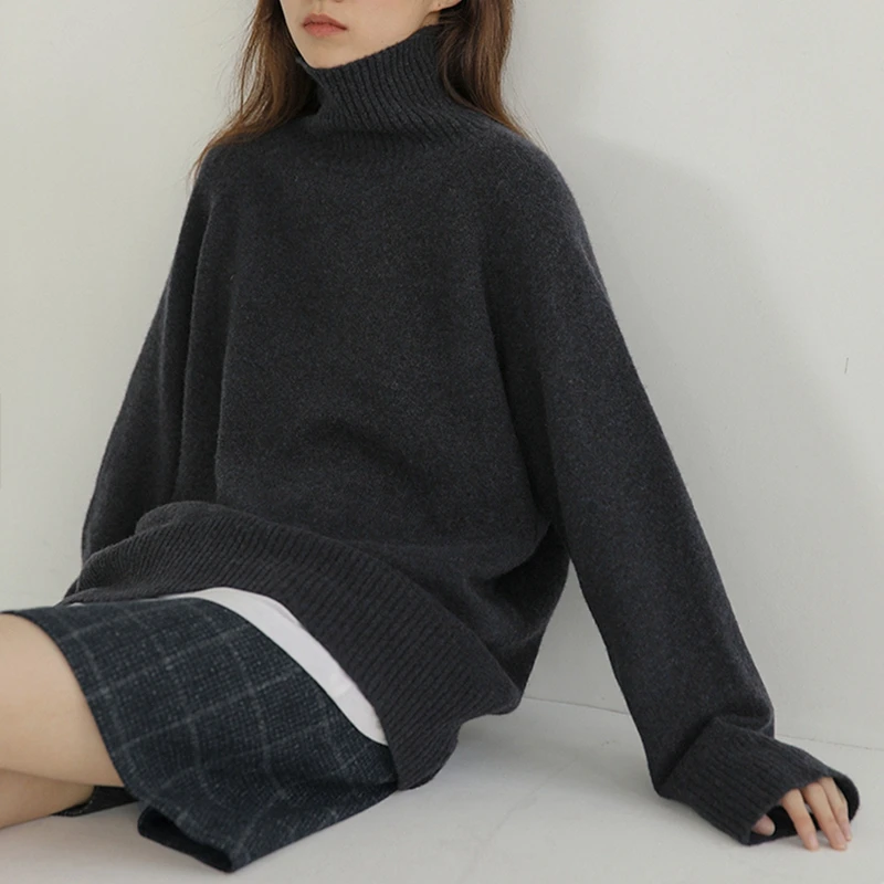 Grey turtleneck Women\'s pullover loose languid style 2022 new autumn winter cashmere thick long sleeve knit