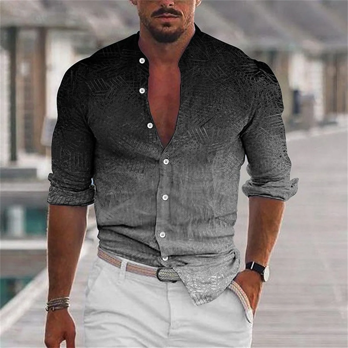 Tiki High Quality Men's Shirt High Street Gradient Stand Collar Button Print cardigan Casual Shopping Shirt Flash Sales